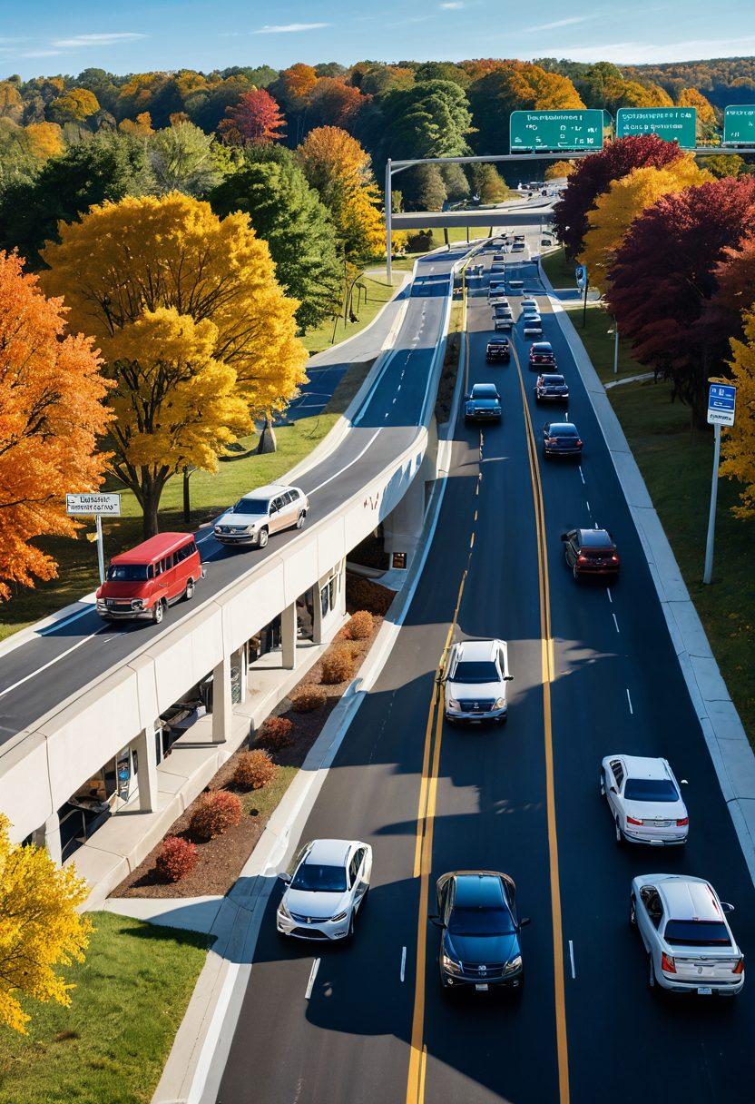 A detailed illustration of a Virginia highway with clear signposts displaying various driving laws, alongside a DMV office in the background. Include diverse vehicles on the road, and a friendly family consulting an information kiosk. Add elements like a smartphone showing a DMV app, and autumn foliage to represent Virginia's landscape. super-realistic. vibrant colors. white background.