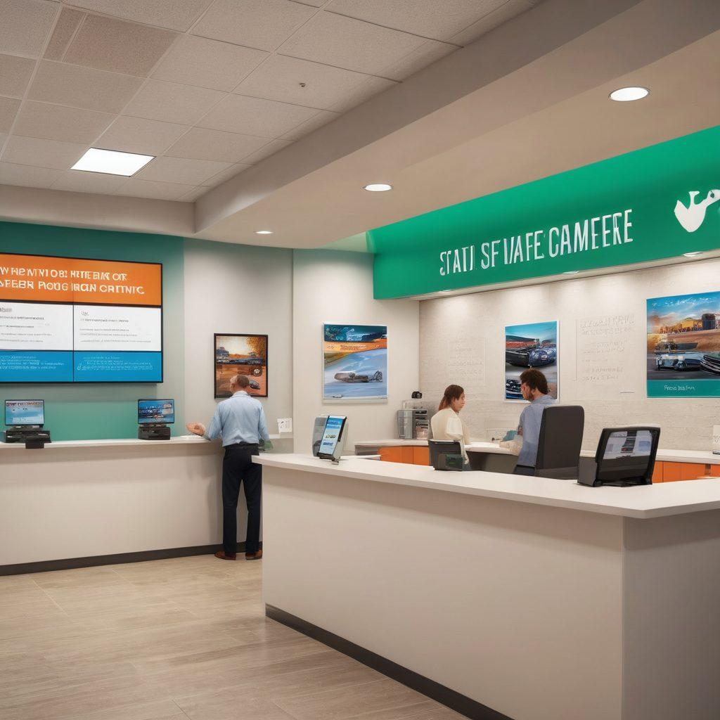 A well-organized DMV office interior showcasing a friendly staff member assisting a customer at a service counter. Include signage with 'License Renewal' and 'Vehicle Registration' prominently displayed, along with a diverse group of people waiting in line. The atmosphere is inviting and informative, with motivational posters on the walls about driving safely. super-realistic. vibrant colors. 3D.