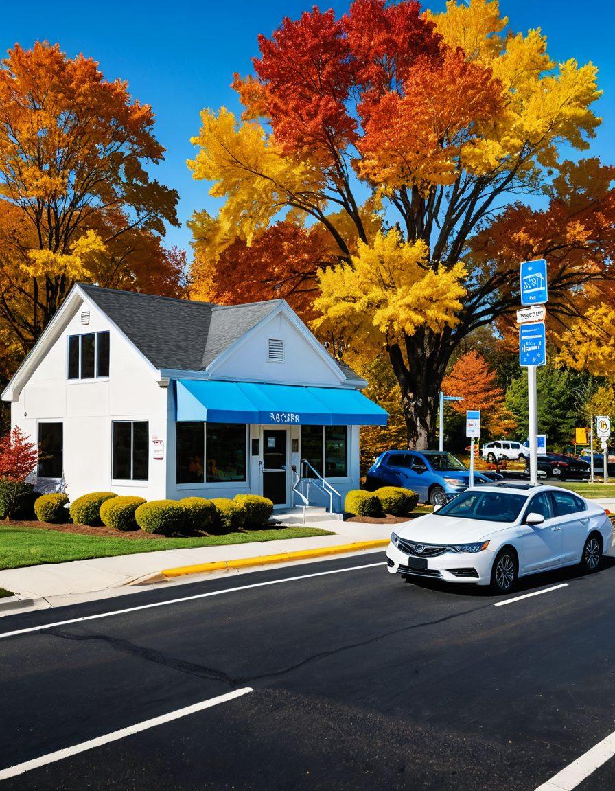 A serene Virginia landscape showcasing a DMV office with clear skies, colorful trees, and a friendly worker assisting customers. Include diverse individuals happily booking appointments on digital devices, together with road safety signs and car symbols in the background. Bright blue tones with yellow accents to symbolize safety and efficiency. super-realistic. vibrant colors. white background.